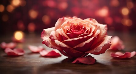A heart-shaped rose with delicate petals is placed on a table, glowing softly with red lights against a dreamy bokeh background. 