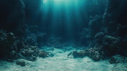 A serene underwater scene with sunlight shining down through crystal-clear water, illuminating the sandy ocean floor.