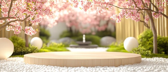 Japanese Wedding Wooden Podium with Cherry Blossom Canopy. Zen garden with Paper Lanterns, Pebbles and Bamboo. Copy space. Generative AI 