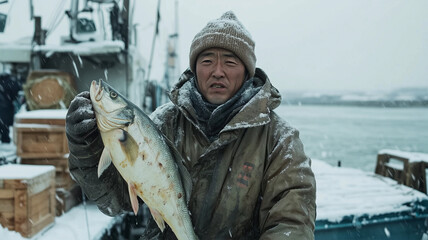Naklejka premium 極寒の漁港で魚を掲げる日本人漁師の厳しい冬の現実