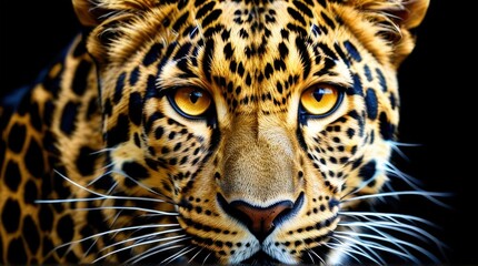 Naklejka premium Close-up portrait of a leopard with glowing amber eyes and intricate fur pattern, representing elegance, power, and its predatory instincts in the wild.