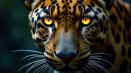 Obraz premium Close-up of a leopard’s piercing golden eyes and patterned fur, highlighting its intense gaze and wild beauty. A captivating portrait of a majestic predator.