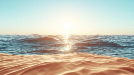 Serene Sunrise Over Calm Ocean Waves and Sandy Beach Under Clear Blue Sky