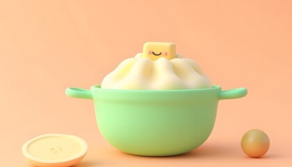 Cute Cartoon Mashed Potatoes in Green Pot 3d Render