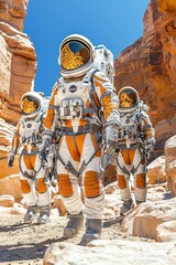 Three astronauts explore a rocky landscape under a clear blue sky, showcasing advanced space gear and a sense of adventure.