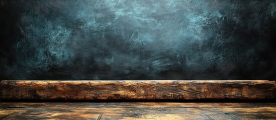 Rustic wooden platform against dark textured wall.