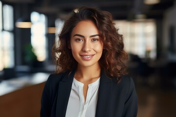 Fototapeta premium Confident young businesswoman smiling in modern office environment