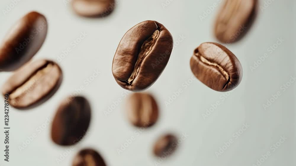 Poster roasted coffee beans are levitating on a white background, creating a visually appealing scene for c