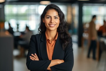 Portrait of a businesswoman smiling with arms crossed, showcasing confidence and professionalism in a modern office environment
