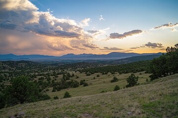 Obraz premium Serene Sunset Hues: Golden Hour Painting Across Rolling Plains, Dramatic Sky, Peaceful Landscape Photography