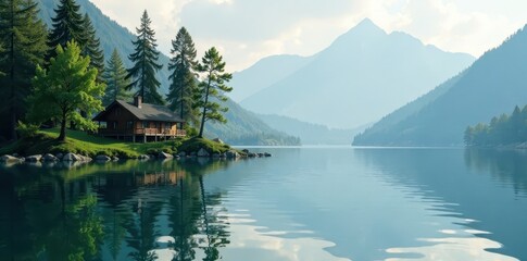 Fototapeta premium serene lake scene with surrounding trees and cabin, ripples, serene, peaceful