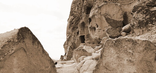 Rocky Cliff Ancient Sepia Horizontal Textured Natural Timeless Scene