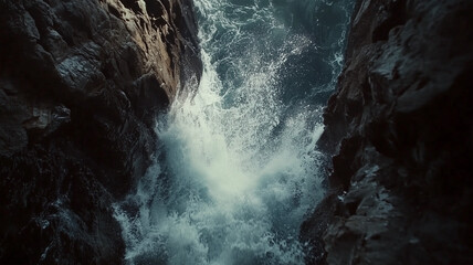 岩場を抜ける波の流れ、スローモーションで捉えた水の力強さ