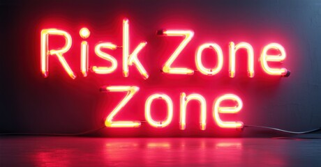 Obraz premium Neon sign spelling Risk Zone glows in intense red against dark background. Electric illumination conveys danger, caution, high-stakes decisions, finance, security, or gaming themes