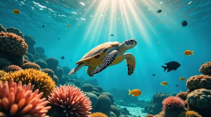 Fototapeta premium Sea turtle navigating through an underwater paradise, surrounded by thriving coral reef and a mix of tropical fish, under the soft illumination of filtered ocean sunlight.