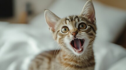 Cute Tabby Cat with Wide-Open Mouth and Excited Expression