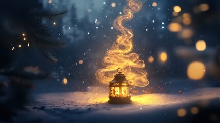 Smoke Christmas tree Concept. A glowing lantern emits warm light in a snowy forest, surrounded by soft bokeh and swirling golden lights, creating a magical winter atmosphere.