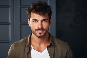 Fototapeta premium Studio portrait of a stylish man with trendy hairstyle and beard, conveying confidence and charisma