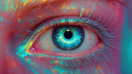Close-up of a vibrant blue eye with neon light effects
