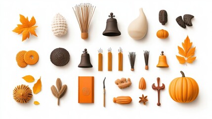 A collection of autumn-themed objects featuring orange, brown, and yellow elements, perfect for fall decorations and crafts.