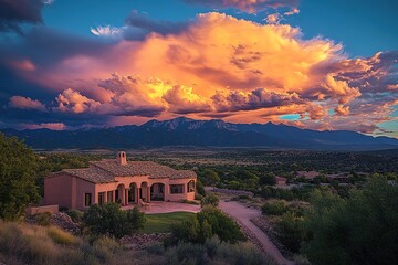 Fiery New Mexico Sunset: Desert Landscape Panorama, Vibrant Colors, Dramatic Sky, Breathtaking Vista, Southwestern US,  