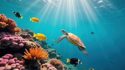 Fototapeta premium Sea turtle glides gracefully among vibrant coral reefs with colorful tropical fish swimming in crystal-clear waters under sun rays, creating a serene underwater scene of biodiversity and calmness.