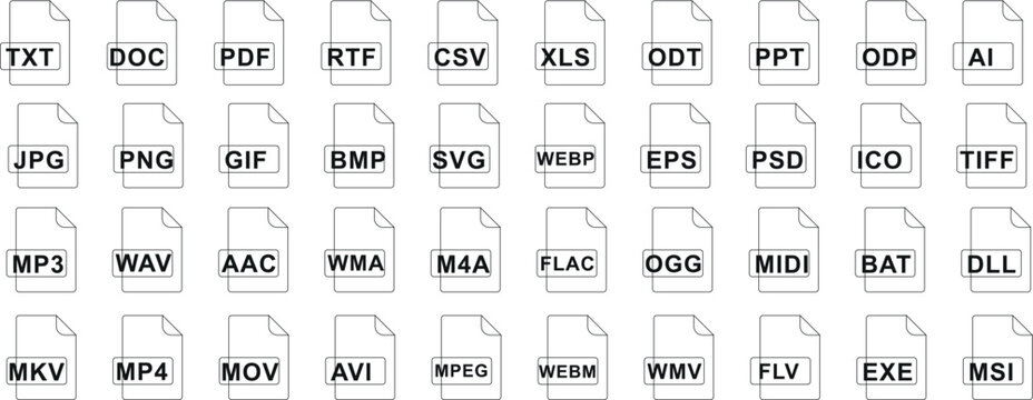 File format line icon set, Collection of file type icons like PDF, PNG, MP3, DOC, XLS, JPG, GIF, AVI. Perfect for digital projects, presentations, or software resources