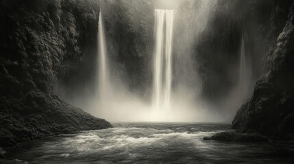 Icelandic waterfall, misty canyon, serene nature, background rocks, travel photography