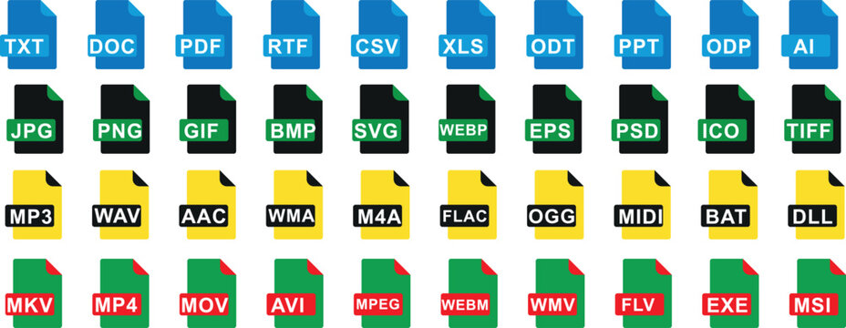 File type icon set, file format vector illustration for document, audio, video and image. TXT, DOC, PDF, RTF, CSV, XLS, ODT, PPT, ODP, AI, JPG, PNG, GIF, BMP, SVG, WEBP, EPS, PSD, ICO, TIFF, MP3, WAV