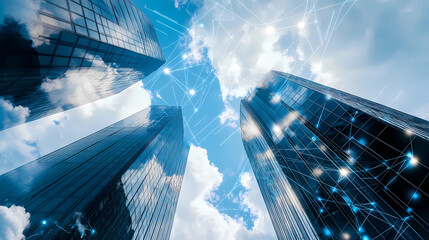 Three tall buildings with a blue sky in the background
