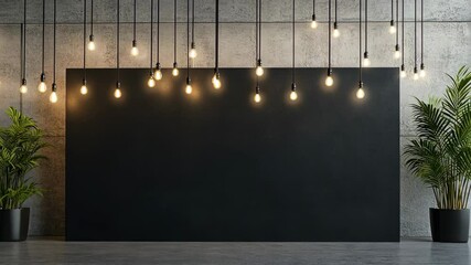 Stylish indoor space with hanging lights and greenery for creative events and gatherings in a modern setting