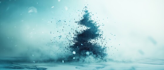 Smoke Christmas tree Concept. A stylized depiction of a tree dissolving into particles, surrounded by a soft blue haze, evoking a serene winter atmosphere.