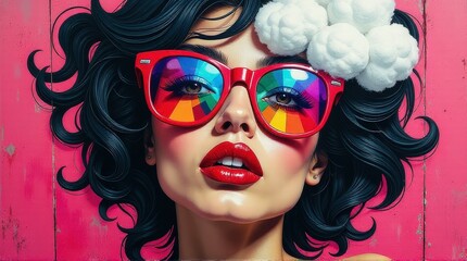 Fototapeta premium Pop-art-inspired portrait of a woman with bold red lips, curly hair, and reflective red sunglasses, set against a bright pink background with geometric and artistic elements 