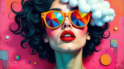 Obraz premium Fashionable digital artwork of a woman wearing colorful geometric sunglasses, bold red lips, and curly hair, against a vivid pink background with creative artistic elements.
