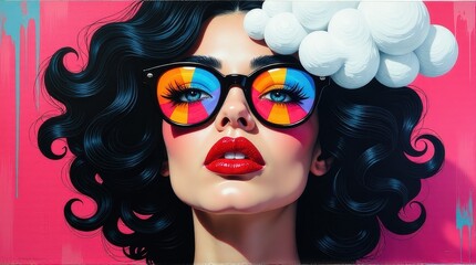 Fototapeta premium Vibrant Pop Art Portrait of Woman with Rainbow Sunglasses, Cloud Hair, and Red Lips on Pink Background 