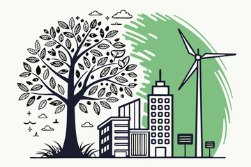1 Urban transformation, eco-friendly architecture, green building design, sustainable city, industrial to natural transition, wind turbine, tree of life, watercolor splatter effect, architectural sket
