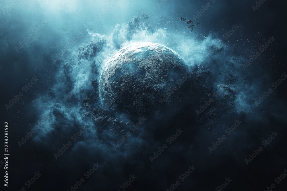 Poster Cosmic depiction of a planet surrounded by swirling dark clouds in deep space at twilight