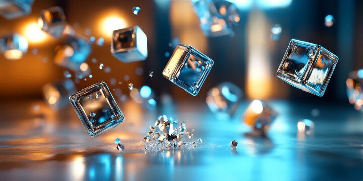 Glass cubes exploding and floating in the air with a blurred background