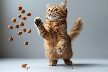 A playful orange cat leaps to catch floating kibble.