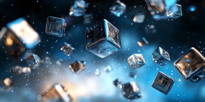 Metallic cubes floating in space representing digital data storage and processing - Powered by Adobe