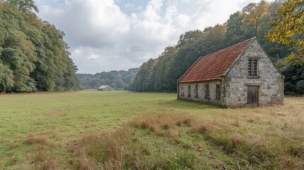 Rustic stone building, autumn meadow, forest backdrop, tranquil landscape