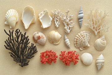 A beautiful arrangement of sea shells and corals on a table, perfect for decorative purposes or as a symbol of ocean treasures