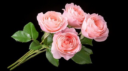 Fototapeta premium Delicate Light Pink Roses With Dew Drops On Black Background