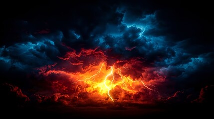 Fototapeta premium Fiery Lightning Storm Dramatic Night Sky