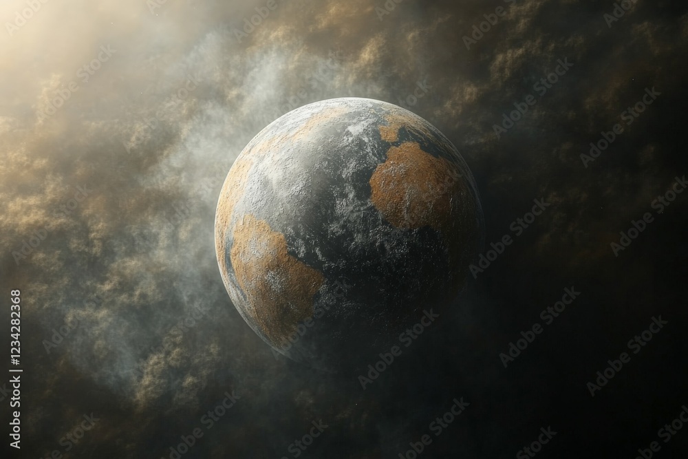 Poster View of a distant planet illuminated by soft light surrounded by clouds in a cosmic setting