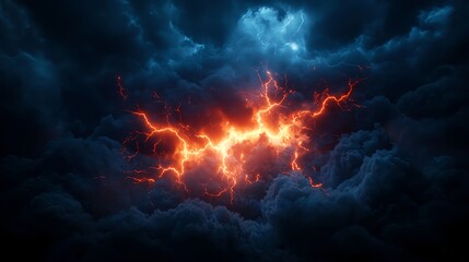 Fototapeta premium Fiery Lightning Storm in Dark Clouds