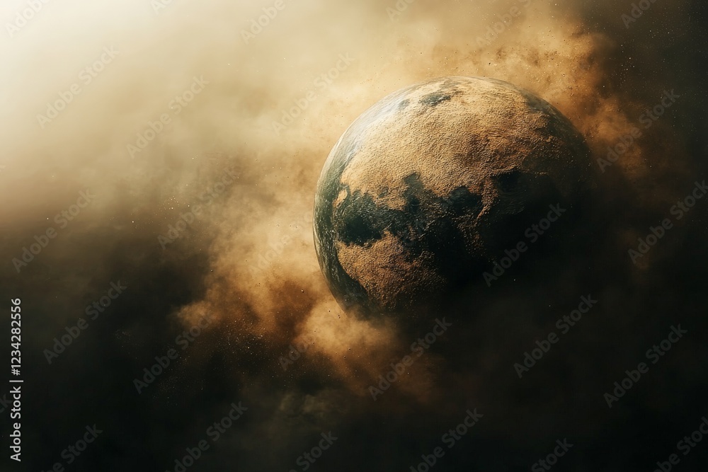 Poster mysterious planet surrounded by swirling cosmic dust in an expansive universe