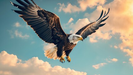 Obraz premium Majestic Bald Eagle in Flight,Sunset Clouds
