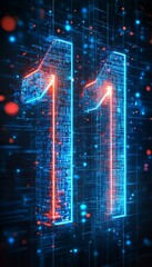 Glowing Digital 3D Number 11 in Futuristic Cyber Style, Technology and Innovation Concept.