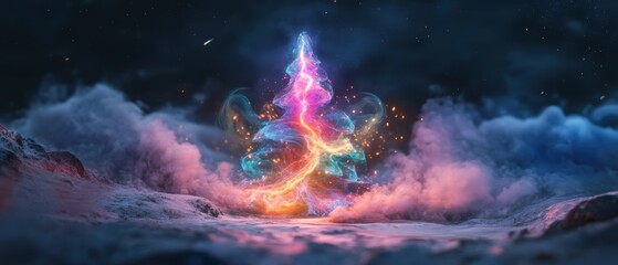Fototapeta premium Smoke Christmas tree Concept. A vivid, colorful tree emerges from swirling clouds, radiating light and energy in a mystical, cosmic atmosphere.